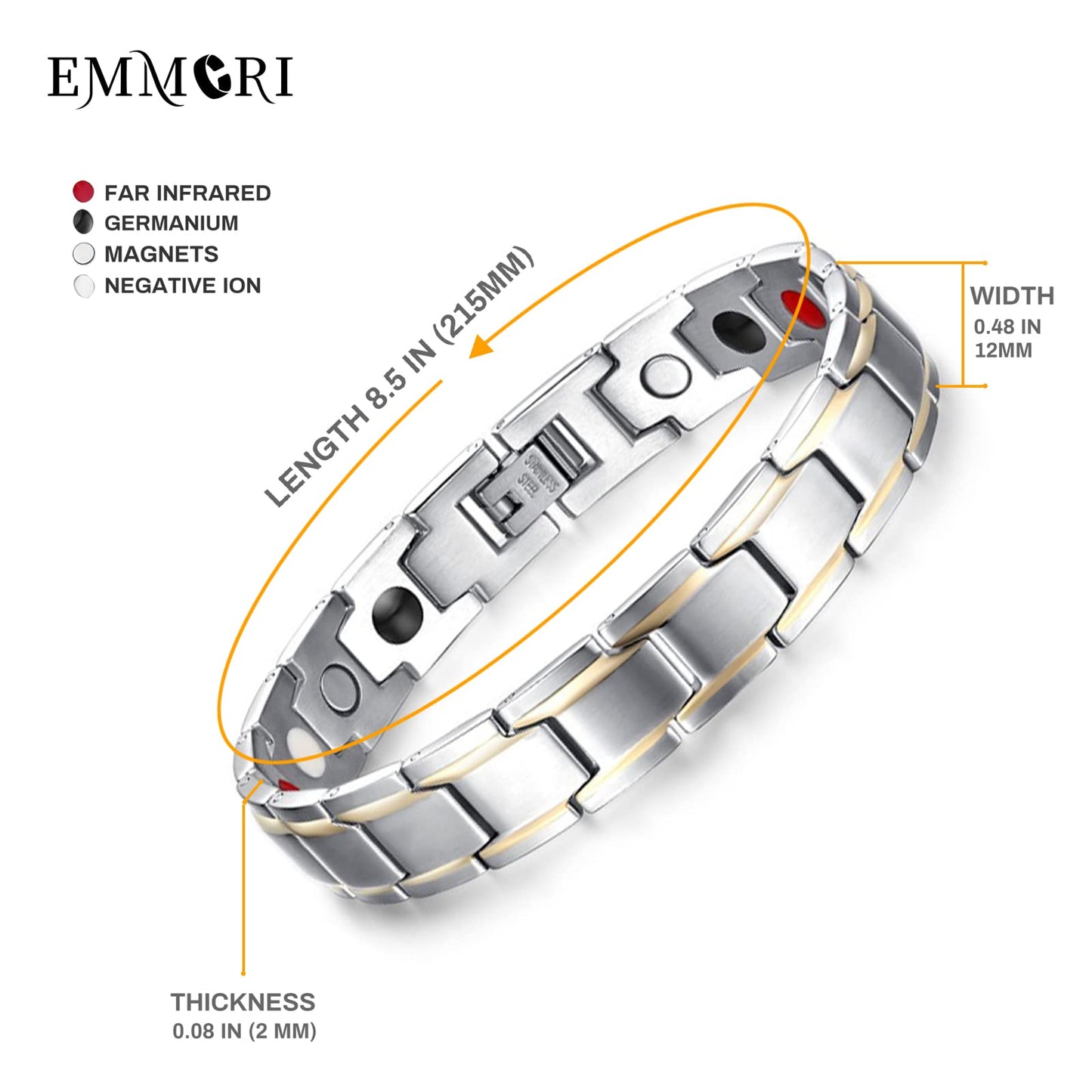 EMMORI Ultra Strength Magnetic Bracelet - 3,500 Gauss Per Magnet -Magnetic Bracelets for Men Woman - Adjustable Length -Pulseras Magneticas (Silver Gold)