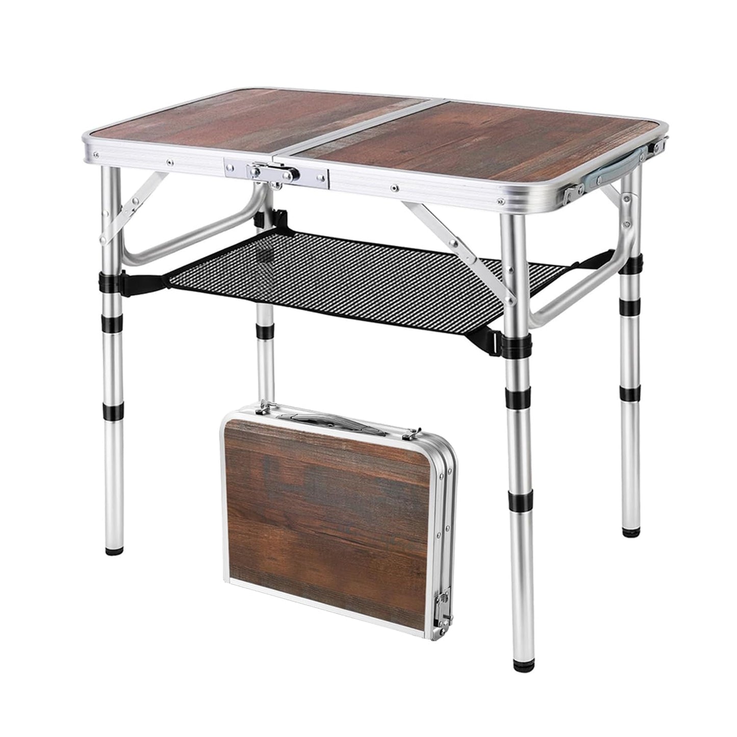 YihuiKo Small Folding Table, 3 Adjustable Heights Picnic Table, Outdoor Folding Table with Storage Mesh Layer, Portable Table for BBQ, Patio, and Indoor