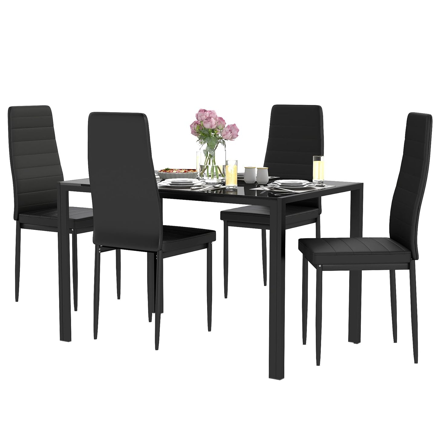 FDW | Dining Table Set for 4 | 5-Piece Glass Black Dining Table | Kitchen Table with 4 Upholstered Chairs and Faux Leather Cushions | Space-Saving and Modern Design | for Dining Room, Easy to Assemble