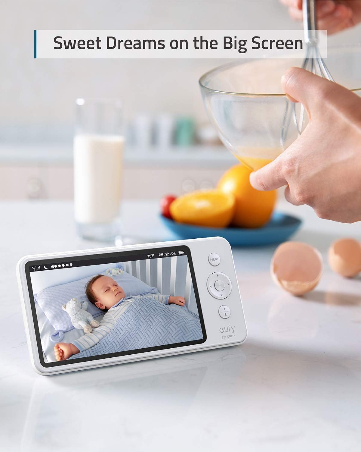eufy Security Spaceview Video Baby Monitor E110 with Camera and Audio, Security Camera, 720p HD Resolution, Night Vision, 5" Display, 110° Wide-Angle Lens Included, Lullaby Player, Sound Alert