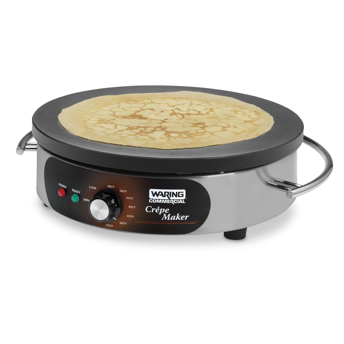 Waring Commercial WSC160X 16" Electric Crepe Maker, Cast Iron Cooking Surface, Stainless Steel Base, Includes Batter Spreader and Spatula, 120V, 1800W, 5-15 Phase Plug
