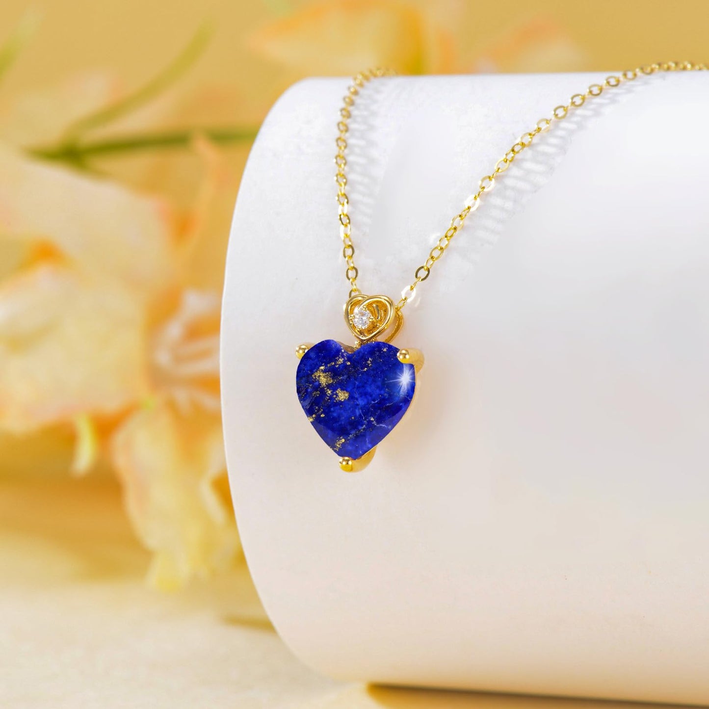NFYBD 14k Gold Love Heart Lapis lazuli Birthstone Pendant Necklace for Women 3 Carat Heart-cut Created Gemstone Anniversary Birthday Mother's Day Necklaces for Her