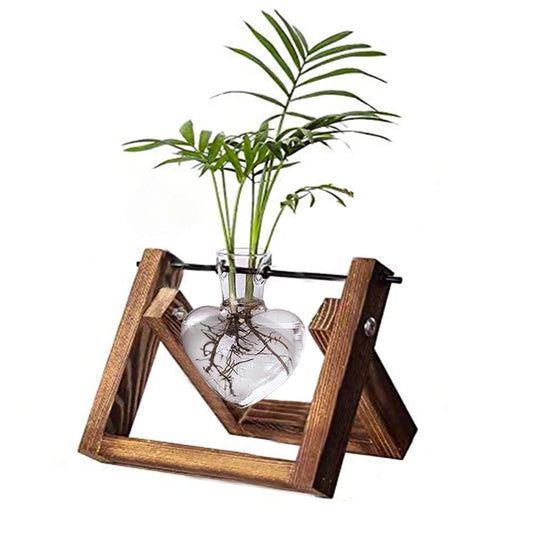 Kingbuy Terrarium with Wooden Stand, Desktop Propagation Station, Air Plant Holder, Metal Swivel Holder for Hydroponics, Home Garden, Wedding Decor - 1 Hearted Vase