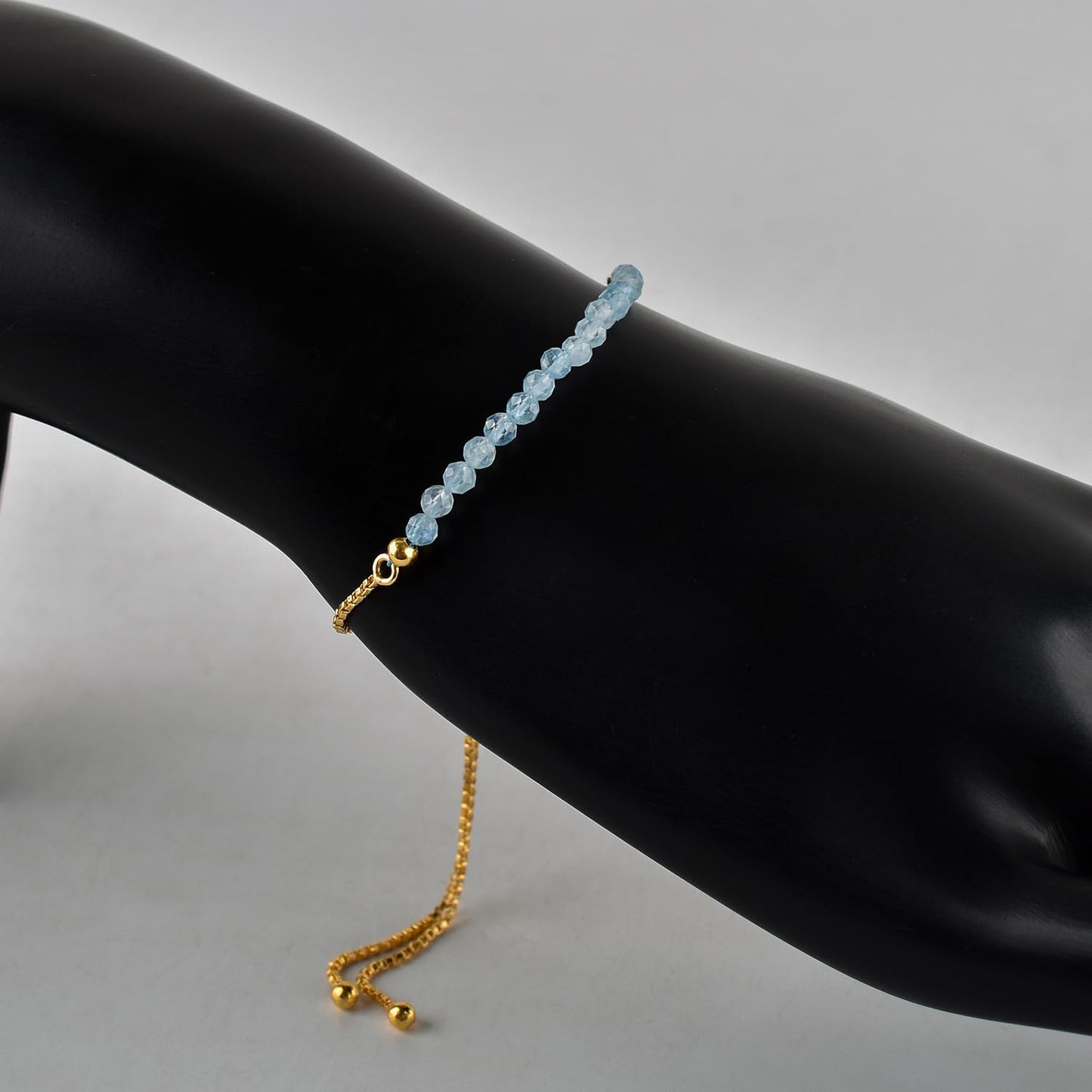 InfinityGemsArt Aquamarine Bracelets For Women March Birthstone Jewelry Micro Blue Beads Beaded Stone Bolo Slider Crystals Gemstones Bracelet, 14K Gold Plated Adjustable Chain, Mother's Day Jewelry For Mom