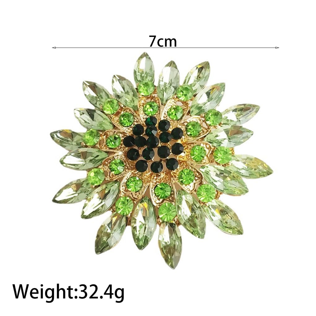 Rhinestone Large Flower Brooches Pins for Women Fashion Sparkly Crystal Sunflower Statement Brooch Wedding Party Suit Dress Formal Jewelry Accessories (Green)