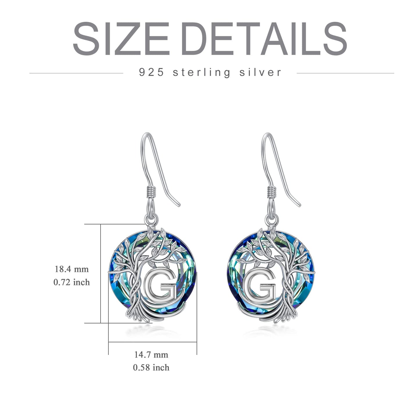 TOUPOP Tree of Life Initial Earrings Sterling Silver Initial G Letter Drop Dangle Earrings Blue Circle Crystal Family Tree Jewelry Birthday Mothers Day Gifts for Women Mom Her