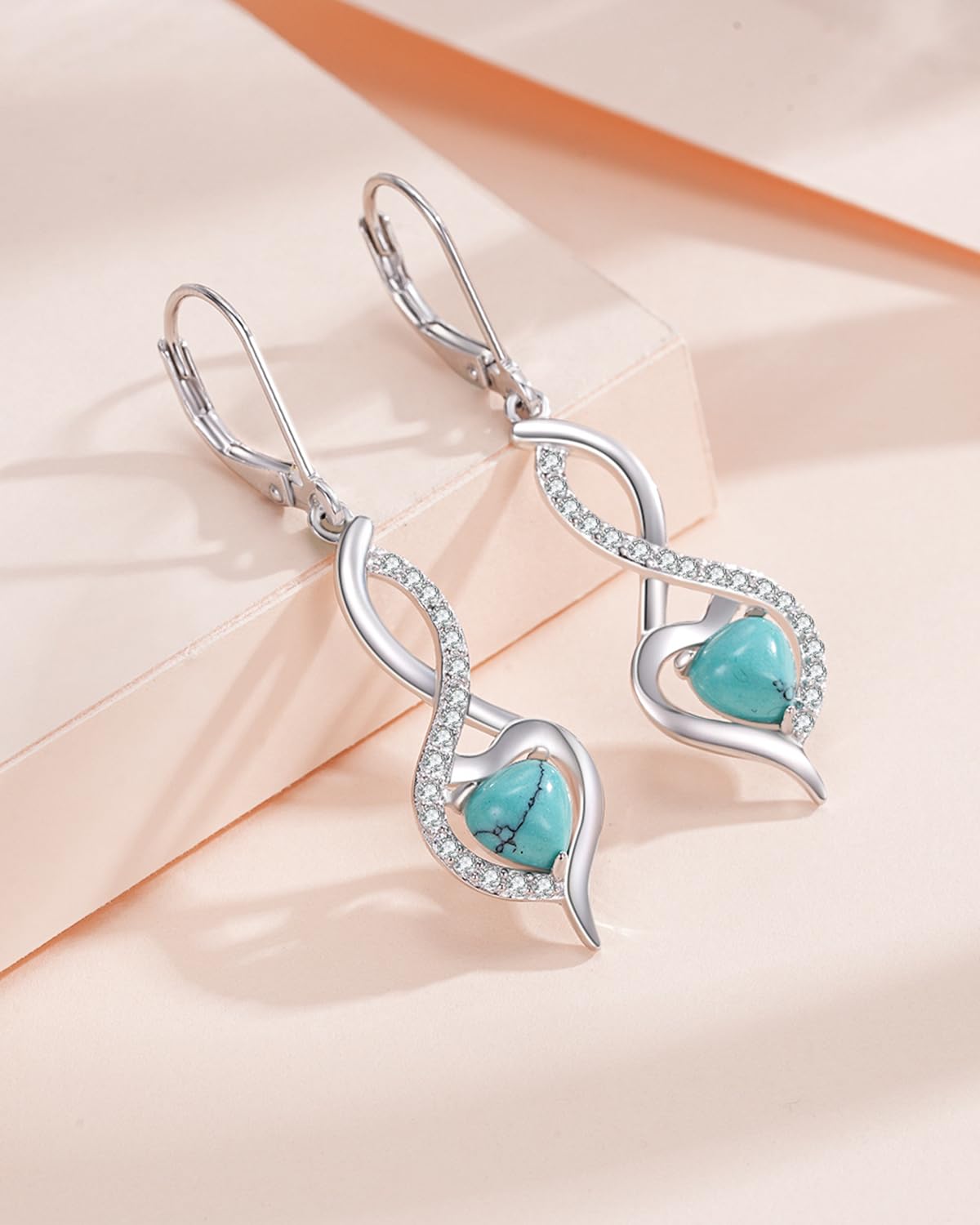 Heart Turquoise Jewelry for Women-Genuine Turquoise Leverback Earring 925 Sterling Silver Dangle Drop Earrings Vintage Gifts for Valentine/Mother's Day/Christmas