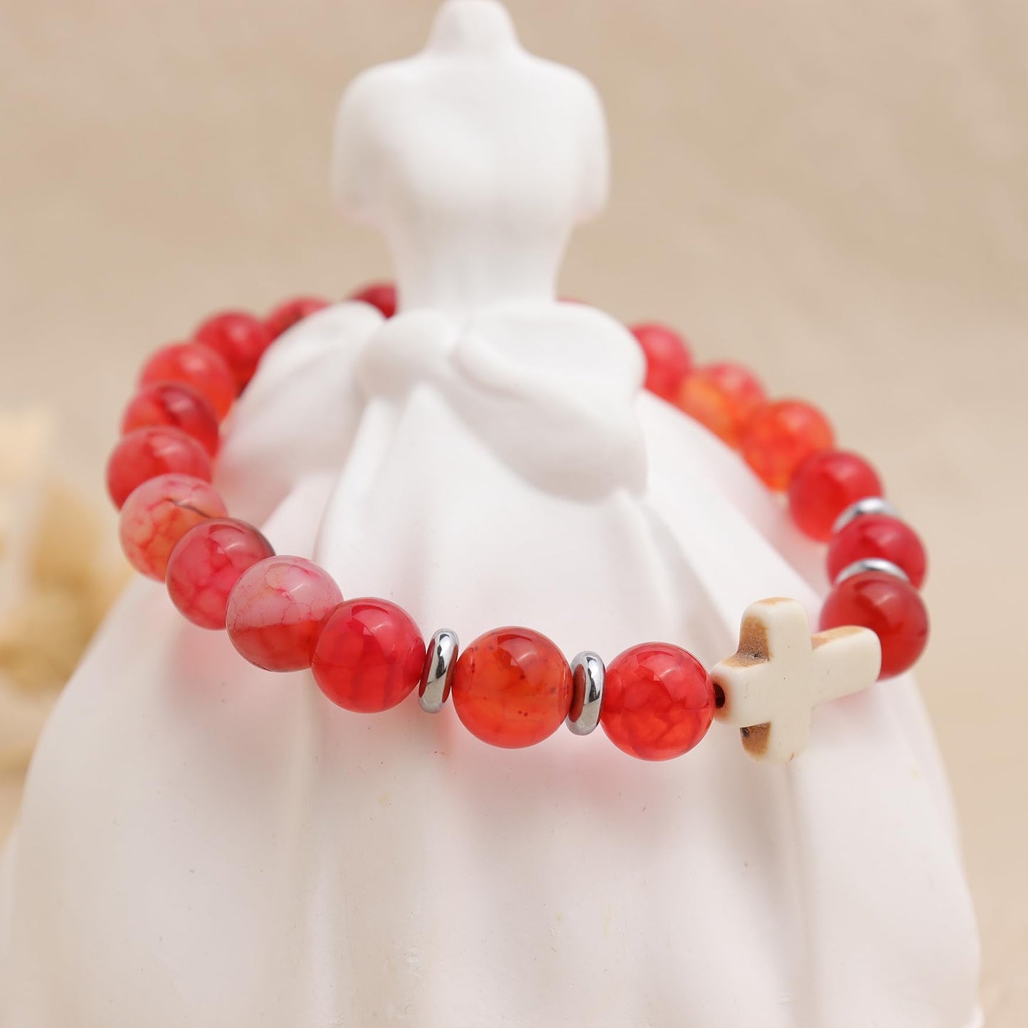 Frigotine Cross Red Agate Beaded Stretch Protection Bracelet for Man Woman, Handmade Carnelian Healing Stone Chakra Beads Elastic Bracelets Catholic Religious Accessories Fashion Jewelry Gift