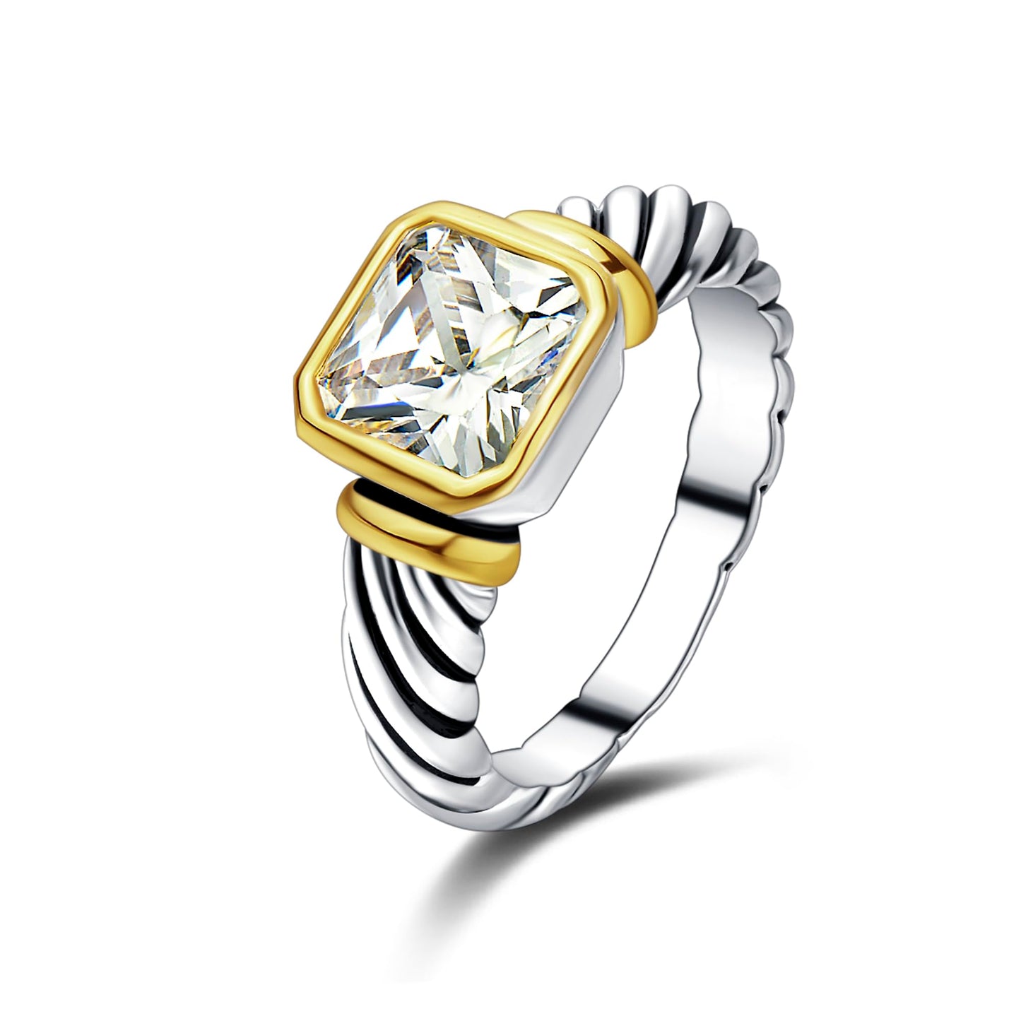 UNY Jewel Petite Ring Twisted Cable Wire CZ Designer InspiTwo Tone Clear Fashion Brand David Women Jewelry Christmas Valentine Gifts (Two Tone Clear, 7)
