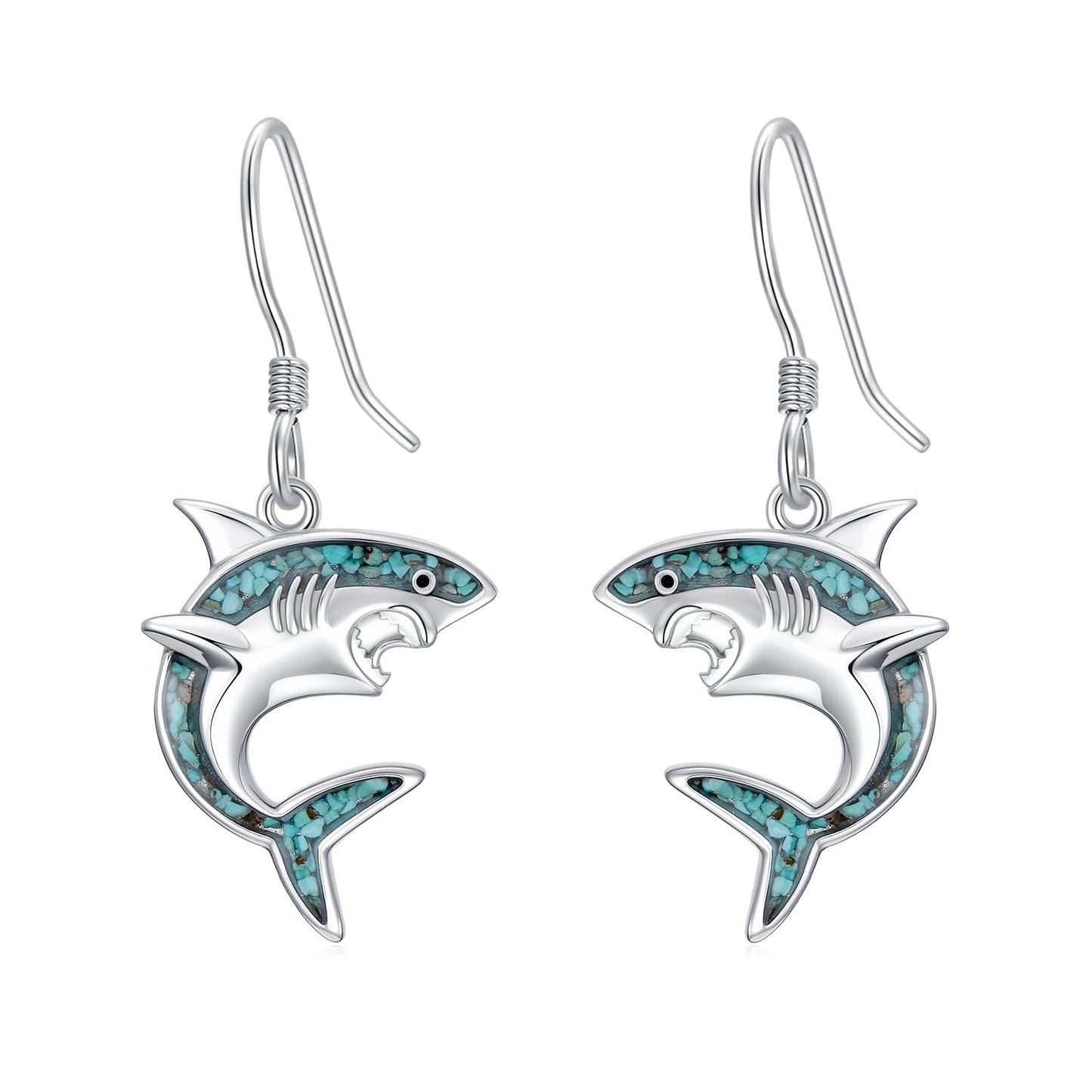 HPQQ Shark Earrings 925 Sterling Silver Turquoise Shark Dangle Earrings Ocean Beach Themed Jewelry Mother's Day Jewelry Gifts for Women