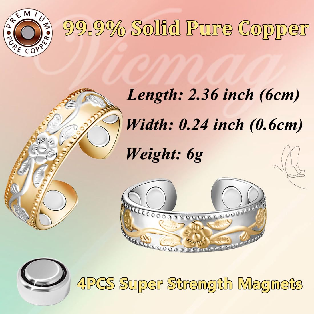 Vicmag Copper Magnetic Ring for Women, Magnetic Rings Ladies Fingers Thumb 100% Solid Pure Copper Jewelry Gift Adjustable(Gold Silver+Silver Gold)