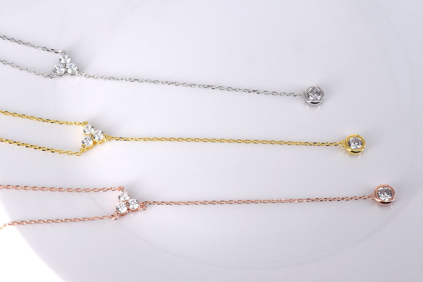espere Womens Sterling Silver Dainty CZ Lariat Necklace Triple CZ Cluster Y-Shaped Necklace 18K Yellow Gold Plated
