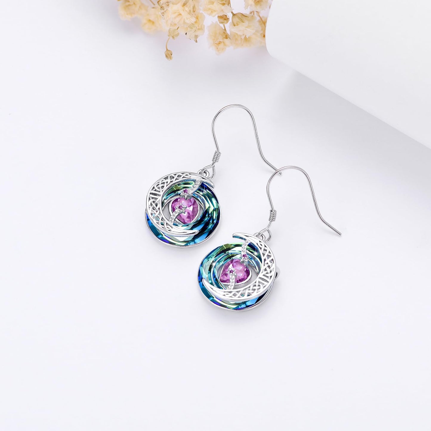 TOUPOP Pink Tourmaline Earrings October Birthstone Earrings Sterling Silver Moon and Star Drop Dangle Earring Jewelry Blue Crystal Birthday Mothers Day Gifts for Women Mom Her