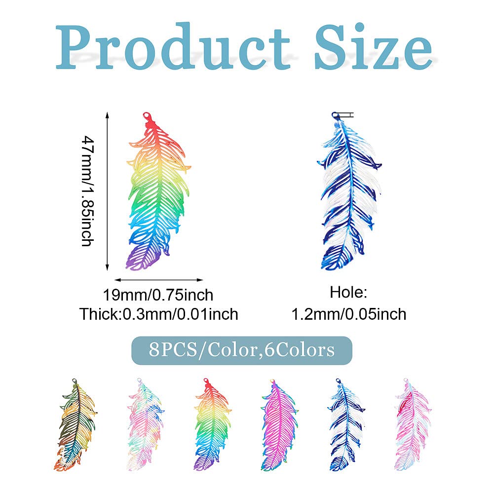 FASHEWELRY 48Pcs Stainless Steel Rainbow Feather Charms Metal Wings Earring Connector Charms Filigree Metal Embellishments for Jewelry Making DIY Bracelet Necklace