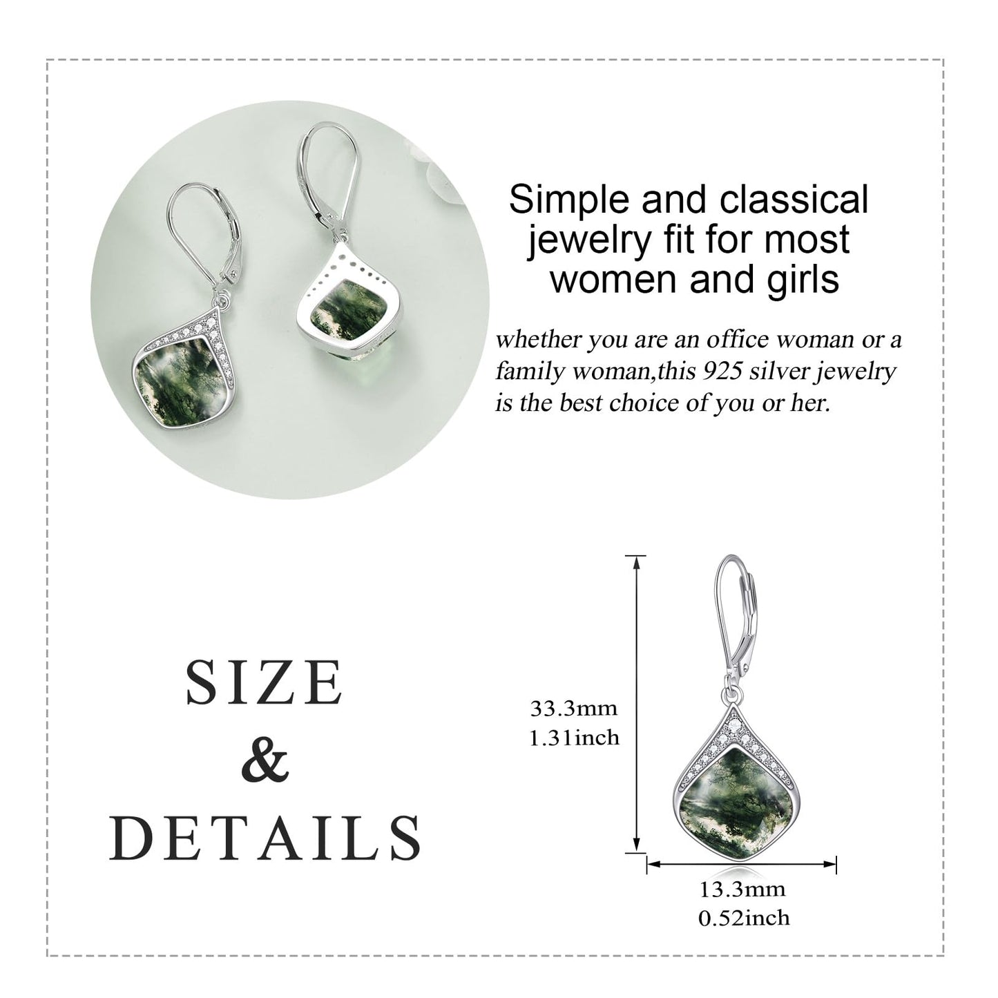 Moss Agate Teardrop Earrings for Women Sterling Silver Cubic Zirconia Teardrop Drop cubic Zirconia Dangle Earrings Jewelry Christmas Gifts for Women