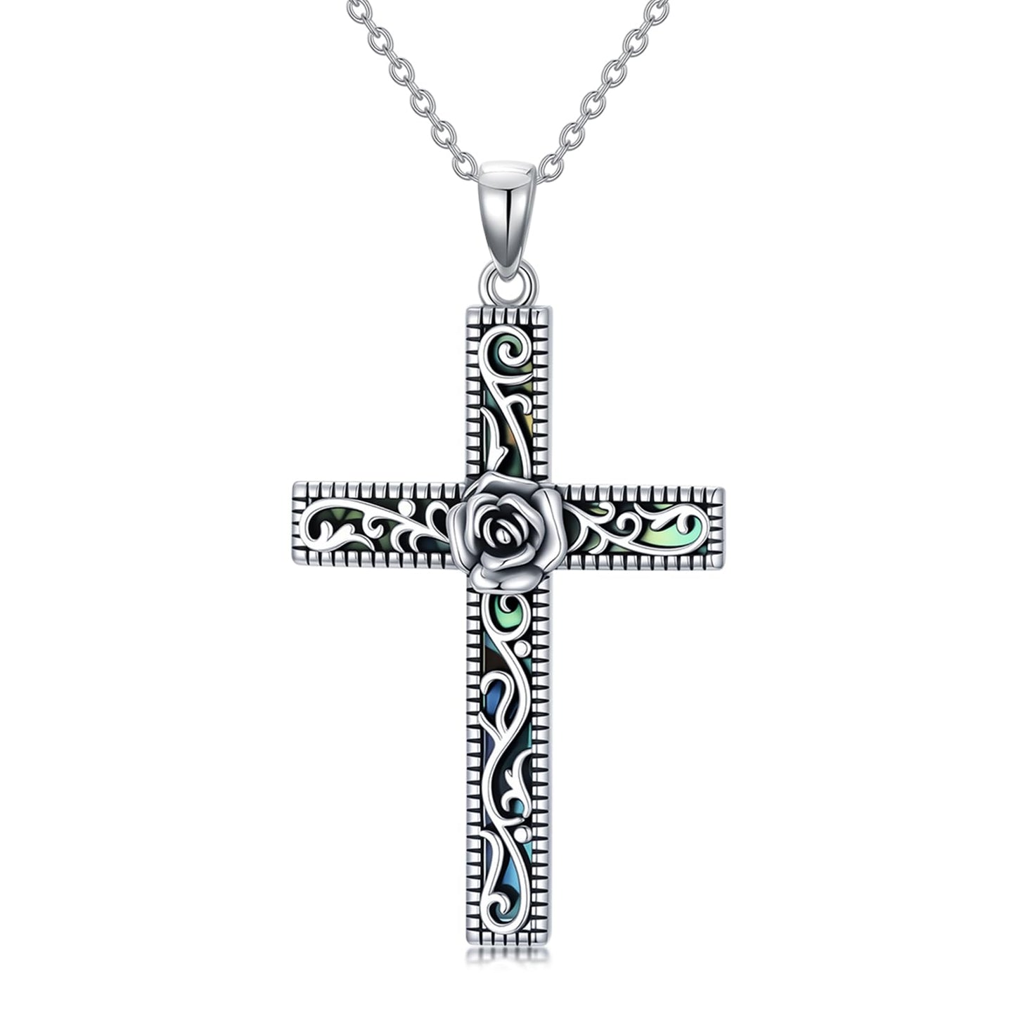 KoyeKei Rose Cross Necklace for Women 925 Sterling Silver Rose Flower Necklaces Pendant Filigree Christian Religious Faith Jewelry Mothers Day Graduation Gifts for Mom Wife Friend