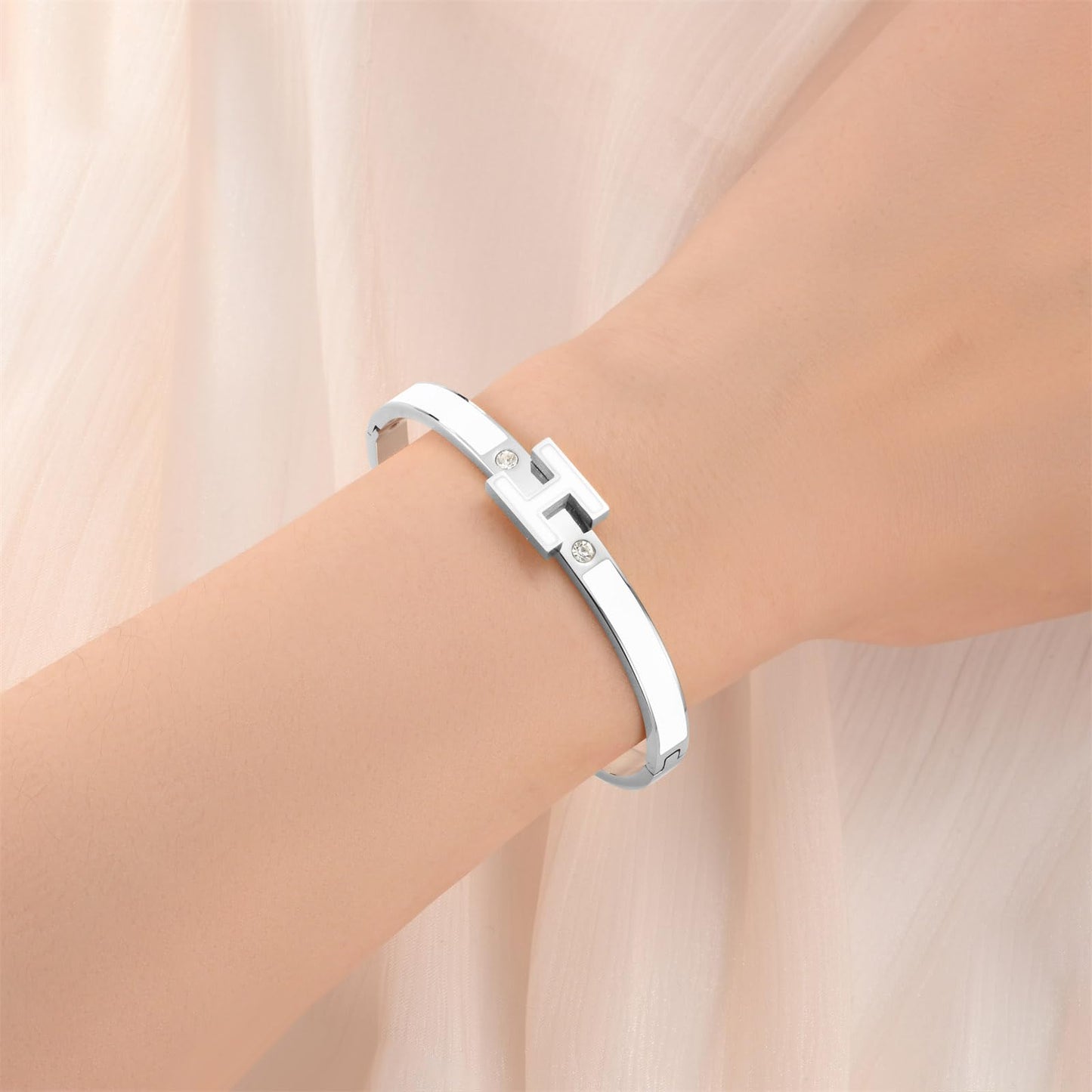 Hothink Gold Bracelets for Women, H Bangle Bracelet, Dainty 18K Gold Plated Stainless Steel Enamel Bracelet for Everyday, Work, Party, Stackable Gift for Mom, Wife, Girlfriend (Silver-White)