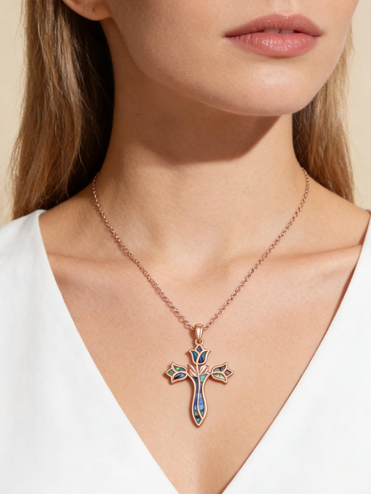 Dreamboat Rose Gold Plated Cross Necklace for Women Sterling Silver Cross Pendant Christian Necklace Tulip Abalone Shell Faith Confirmation Gifts Religious Jewelry for Mom