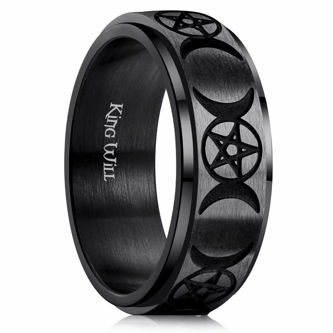 King Will Mens Fidget Ring Dull Black 8mm Stainless Steel Ring Spinner Ring For Men Women Stress Anxiety Relief Rotating Ring Finger Teens Toy Triple Moon Comfort Fit For Unisex Adults 7