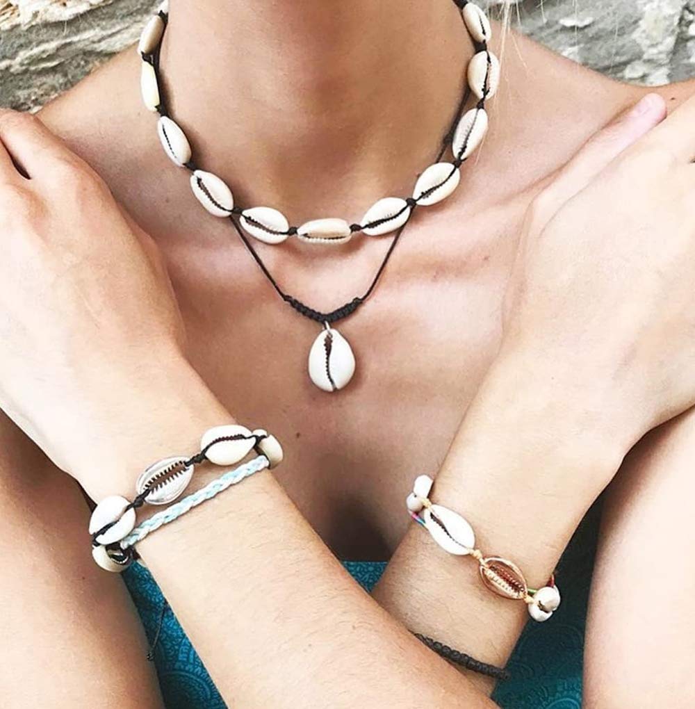 Nackiy Seashell Necklace Choker For Women Summer Hawaiian Style Braided Rope Natural Shell Necklace(Black Braided Rope)