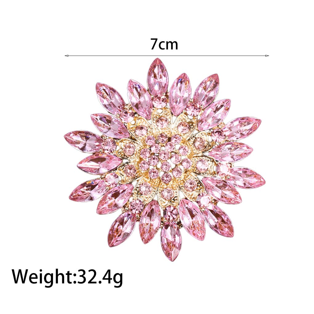 Rhinestone Large Flower Brooches Pins for Women Fashion Sparkly Crystal Sunflower Statement Brooch Wedding Party Suit Dress Formal Jewelry Accessories (pink)
