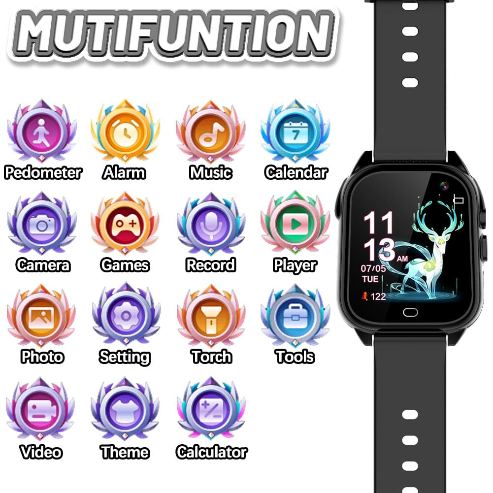 OVV Kids Waterproof Smart Watch Boys Girls Age 3-12 with 26 Game 1.44'' HD Touch Screen Music Player Camera Video Recorder 12/24 Hr Clock Pedometer Alarm Torch Calculator Children Learning Toys