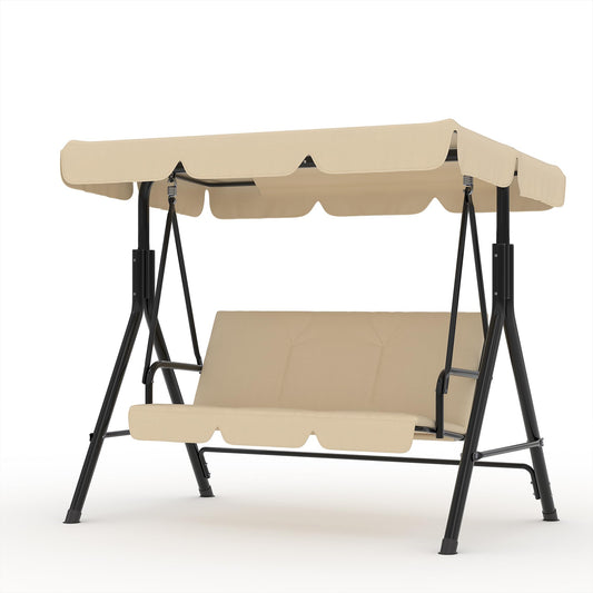 Garvee Outdoor Porch Swing with Adjustable Canopy, 3-Seat Patio Swing Chair with Stand, Heavy Duty Outdoor Swing for Adults, Metal Frame Patio Swing for Garden, Backyard & Poolside,Khika