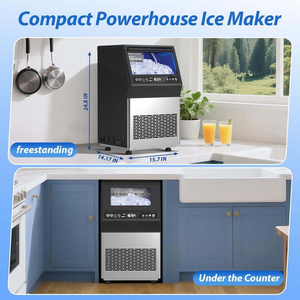 Commercial Ice Maker, 100LBS/24H Undercounter/Freestanding Ice Machine with Self-Priming Gallon Water& Facuet Water Inlet, Self-Cleaning, 3 Ice Thickness,16LBs Storage Bin for Home, Office,Garage