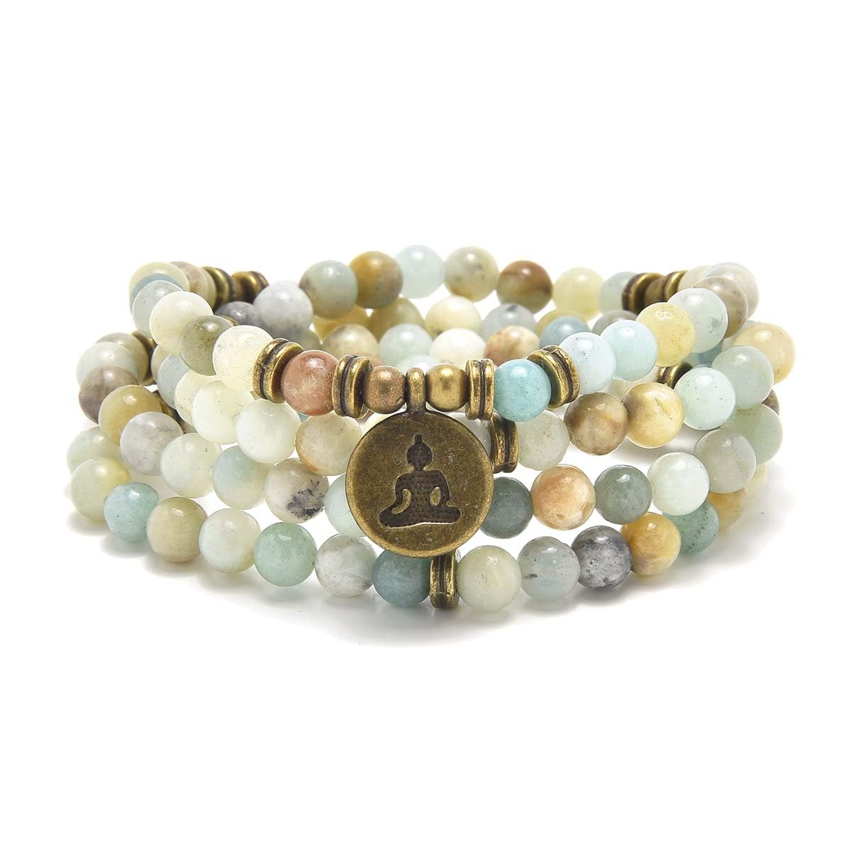 108 Mala Beads Bracelet Necklace with Yoga Symbol Buddha Charm – Gold-Plated Meditation Jewelry, Healing Stone, Ideal Spiritual Gift for Yoga & Meditation (Amazonite)