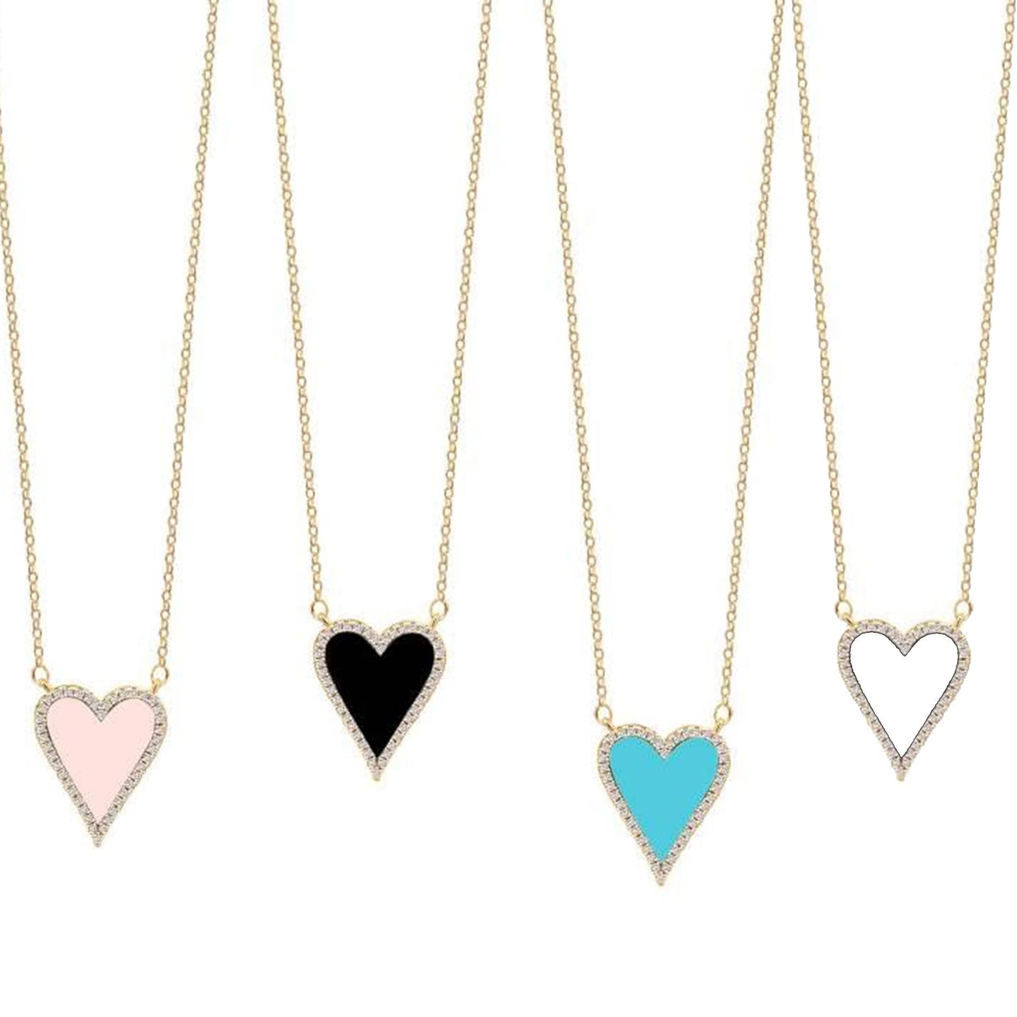 JINGDR Women's Heart Necklace, Preppy Dainty Paperclip Chain, Gold Plated, Love Heart Pendant, White, 16 inches