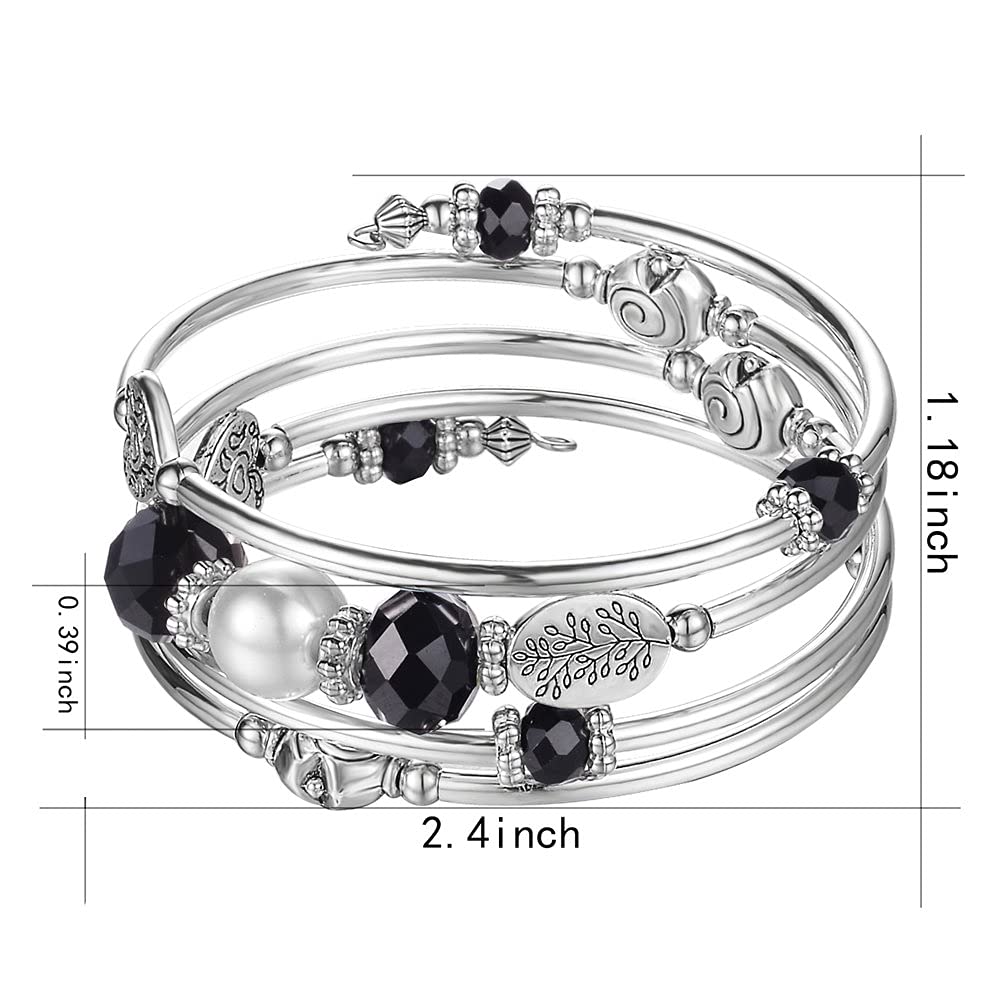 PEARL&CLUB Bead Crystal Wrap Bangle Bracelet - Fashion Jewelry Beaded Bracelet with Silver Metal, Gifts for Women(92-Black)