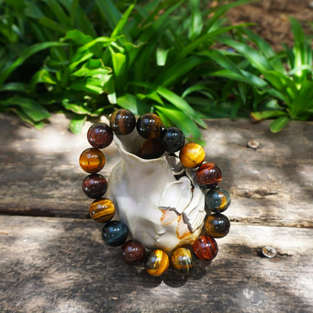 TaHLga Mixed Tigers Eye Mens Bracelet 14MM | Mixed Red Gold Blue | Fits for About 8" XLarge Wrist | Natural Solar Plexus Chakra Gemstones | Bring Luck Wealth Courage | Protection from Evil | Gift