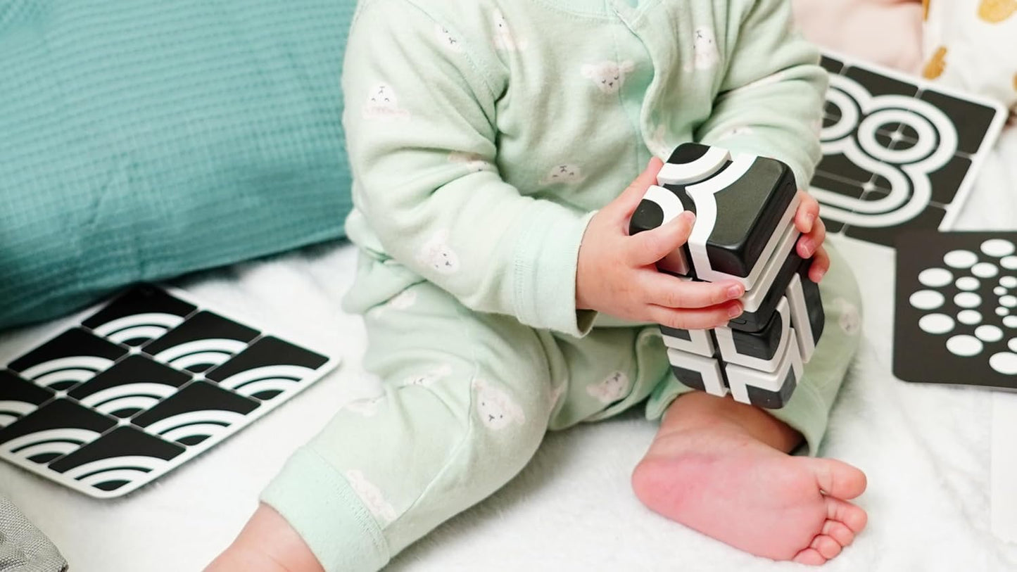 QBI Magnetic Baby Toys 0-6-12 Months | Black and White Baby Cards Newborn Toys High Contrast Flashcards & Magnetic Cubes | Visual Stimulation Montessori | Baby Essentials (9 Pieces)