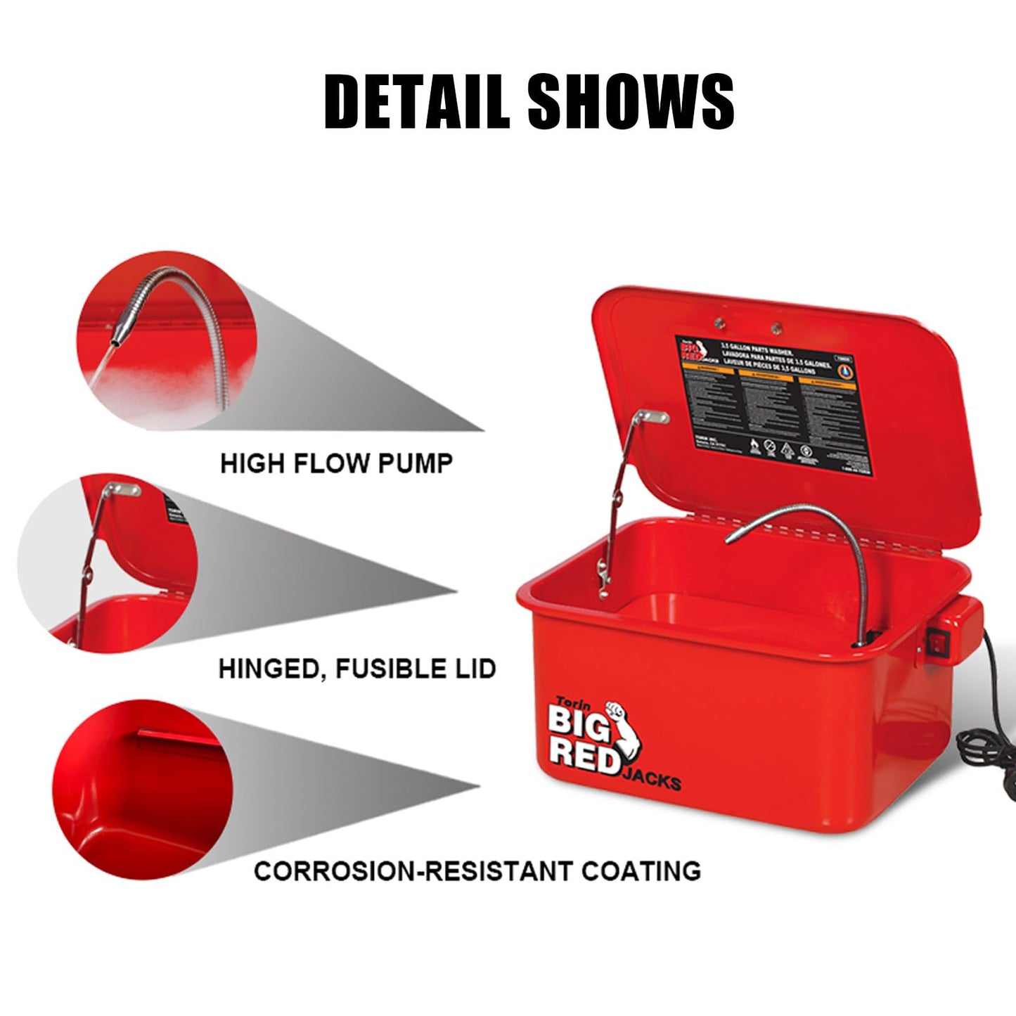 Jack Boss 3.5 Gallon Capacity Portable Steel Cabinet Parts Washer with 110V Electric Pump for Wheel Bearings, Gears, and carburetors, Red