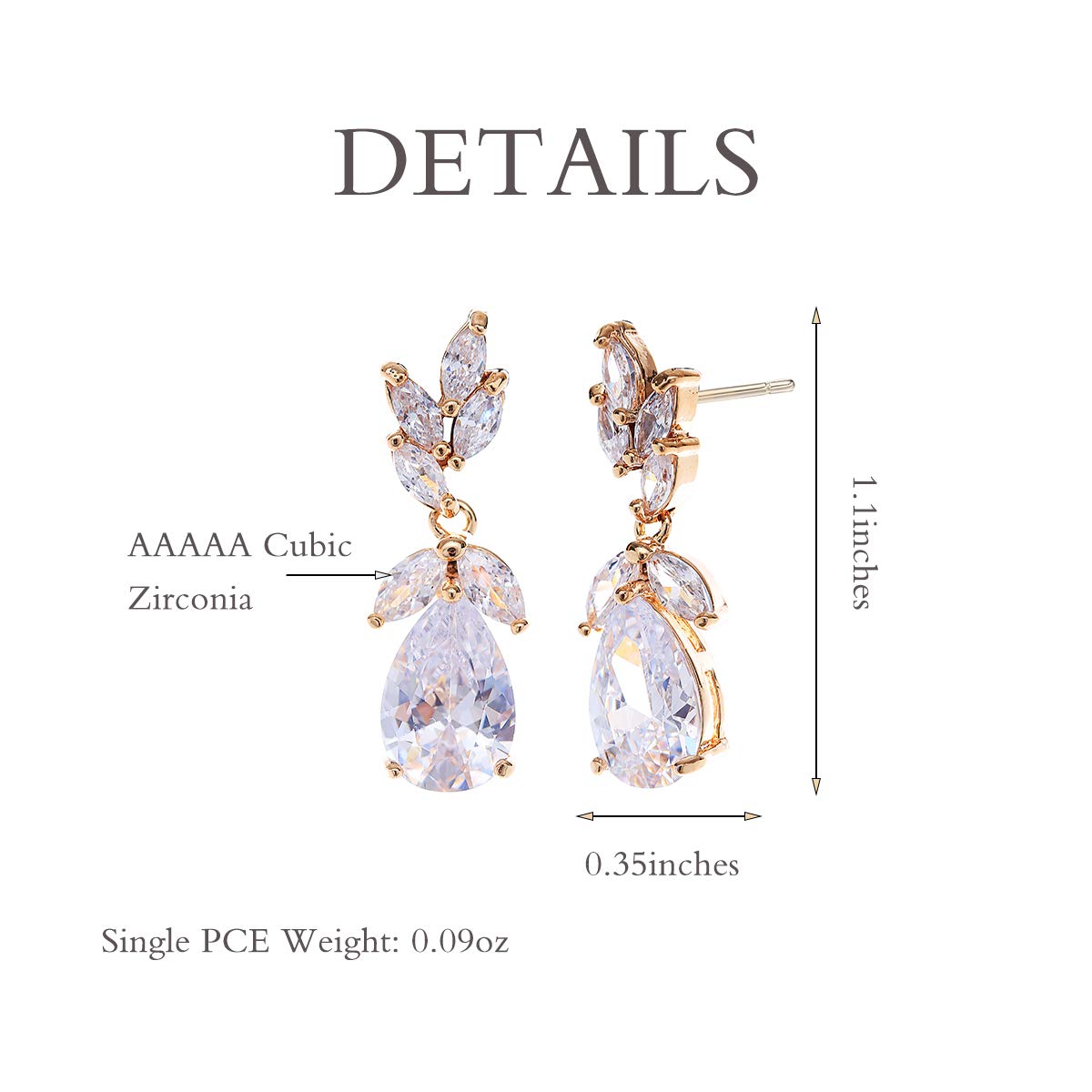 Cubic Zirconia Bridal Earring Gold Women’s Teardrop CZ Cluster Floral Leaf Crystal Rhinestone Dangle Drop Earring for Bride Bridesmaids Mother of Bride Party Prom