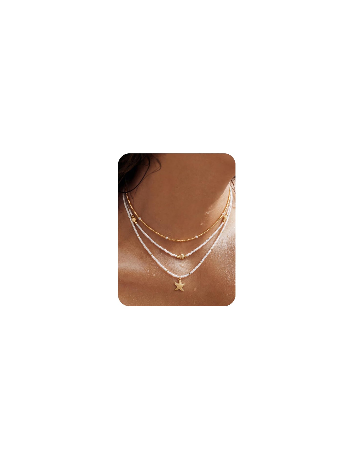 LOYALLOOK Bead Necklace for Women, 14k Gold Plated Dainty Layered SeaShell Starfish Beaded Charm Necklace Stack, Non Tarnish Waterproof Gold Beach Accessories for Summer Vacation 3pcs
