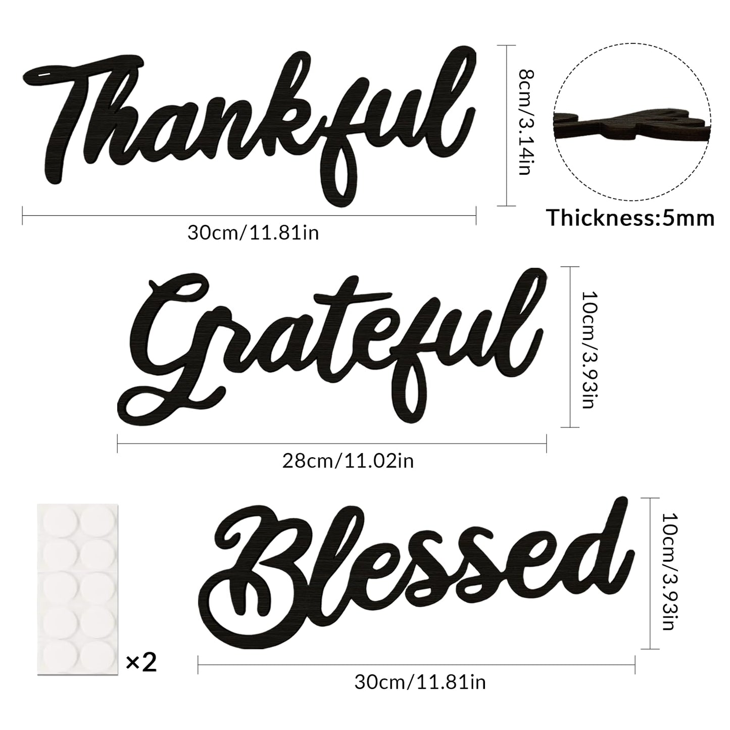 Zaruatu 3 Pcs Unfinished Wood Thanksgiving Cutout Thankful Grateful Blessed Word Sculptures Sign Wooden Letter Decorations for Wreath DIY Crafts Door Hanger Wall Art Decor (Black-Thankful)