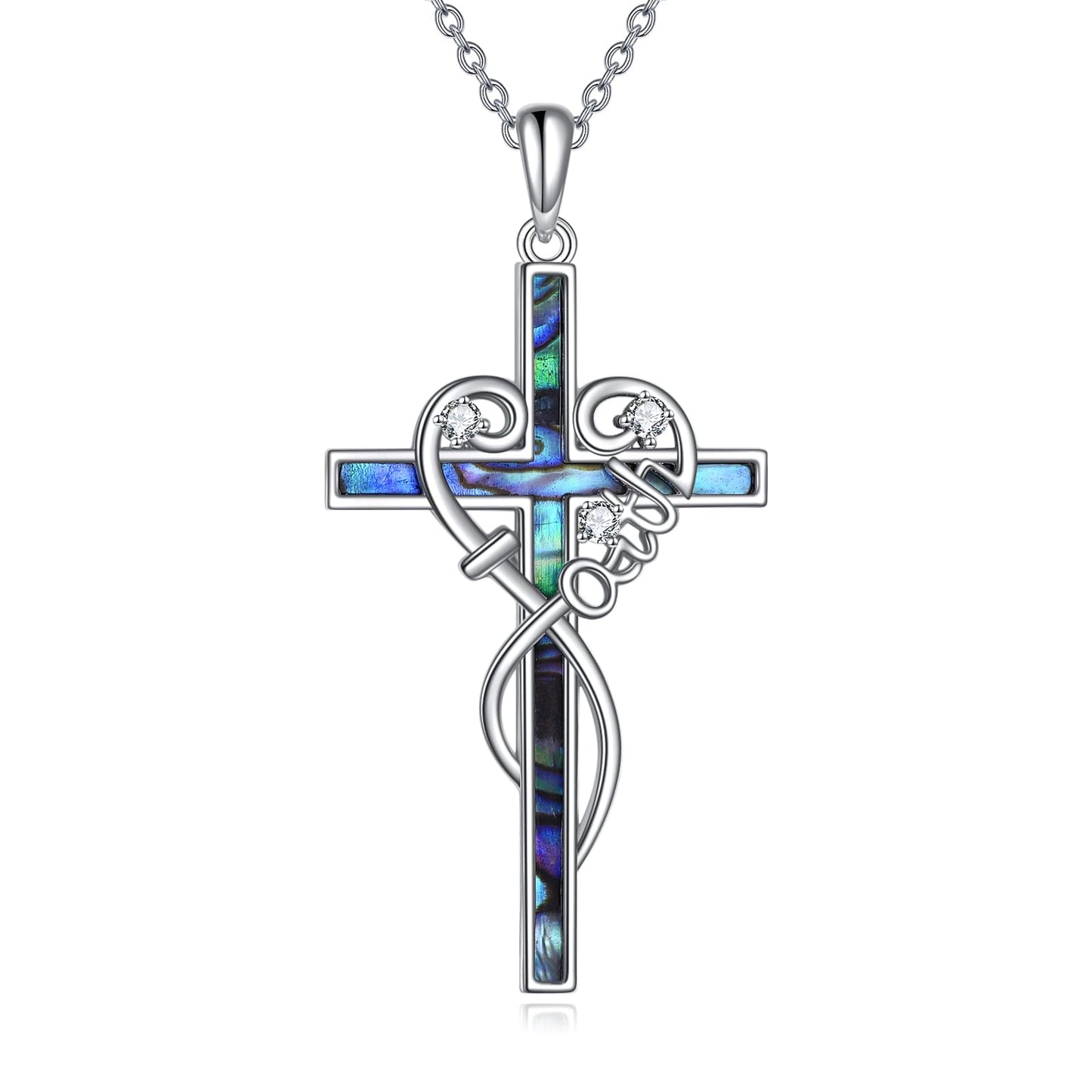 LUHE Faith Cross Necklace for Women Sterling Silver Faith Cross Pendant Necklace with Abalone Christian Jewelry Gift for Her