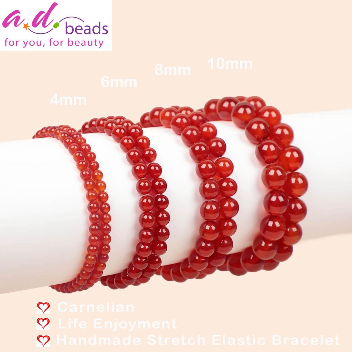 AD Beads Handmade Gemstone Stretch Elastic Bracelet Crystal Healing Reiki Nature's Beauty and Spiritual Essence Unisex (4mm, Carnelian (Life Enjoyment))
