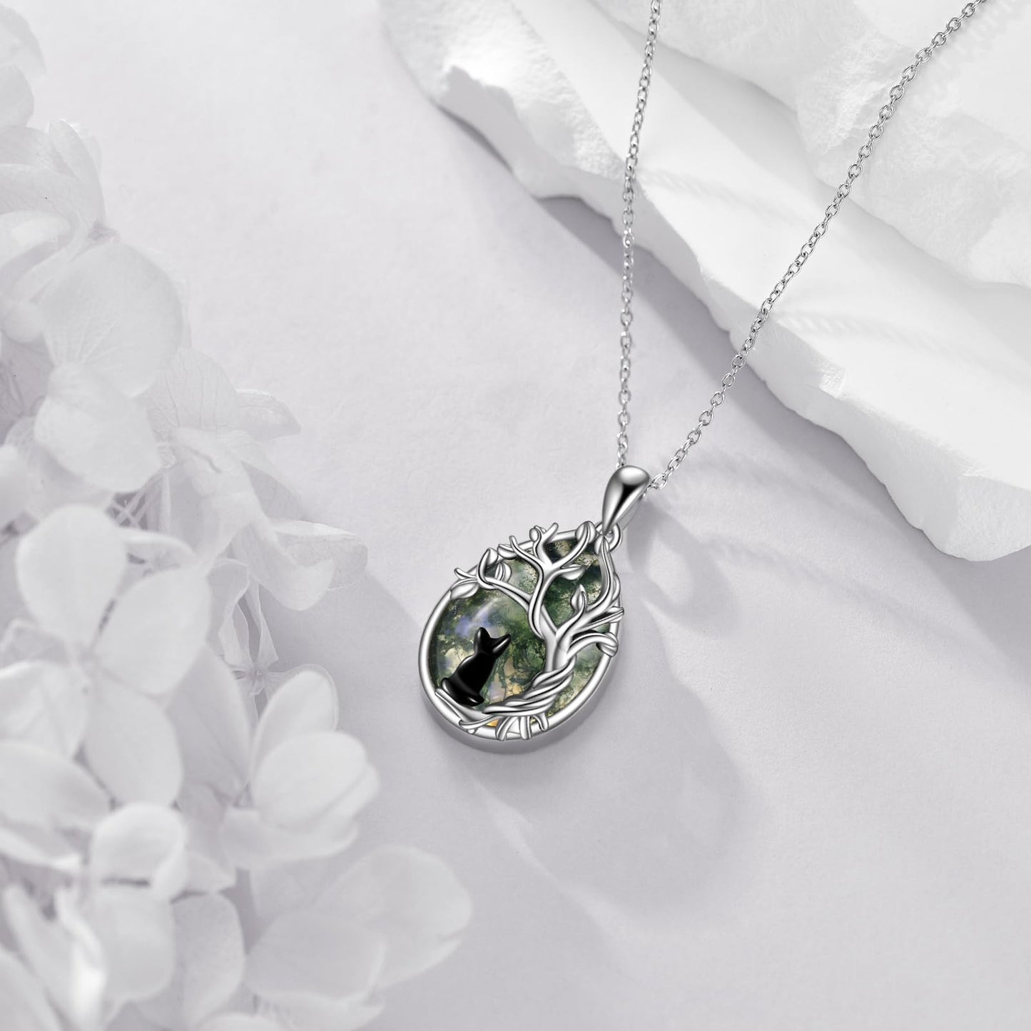 POPLYKE Moss Agate Tree of Life Black Cat Necklace for Women 925 Sterling Silver Family Tree Pendant Jewelry Birthday Gifts