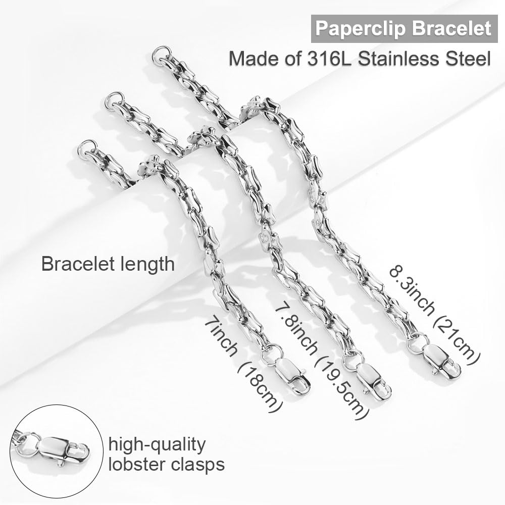 AIAINAGI Silver Link Chain Bracelets for Women Men 7mm Stainless Steel Paperclip Bracelets Rectangle Solid Chunky Chain 7/7.8/8.3Inches Unisex Wrist Jewelry Gift for Mother（7.8inch）