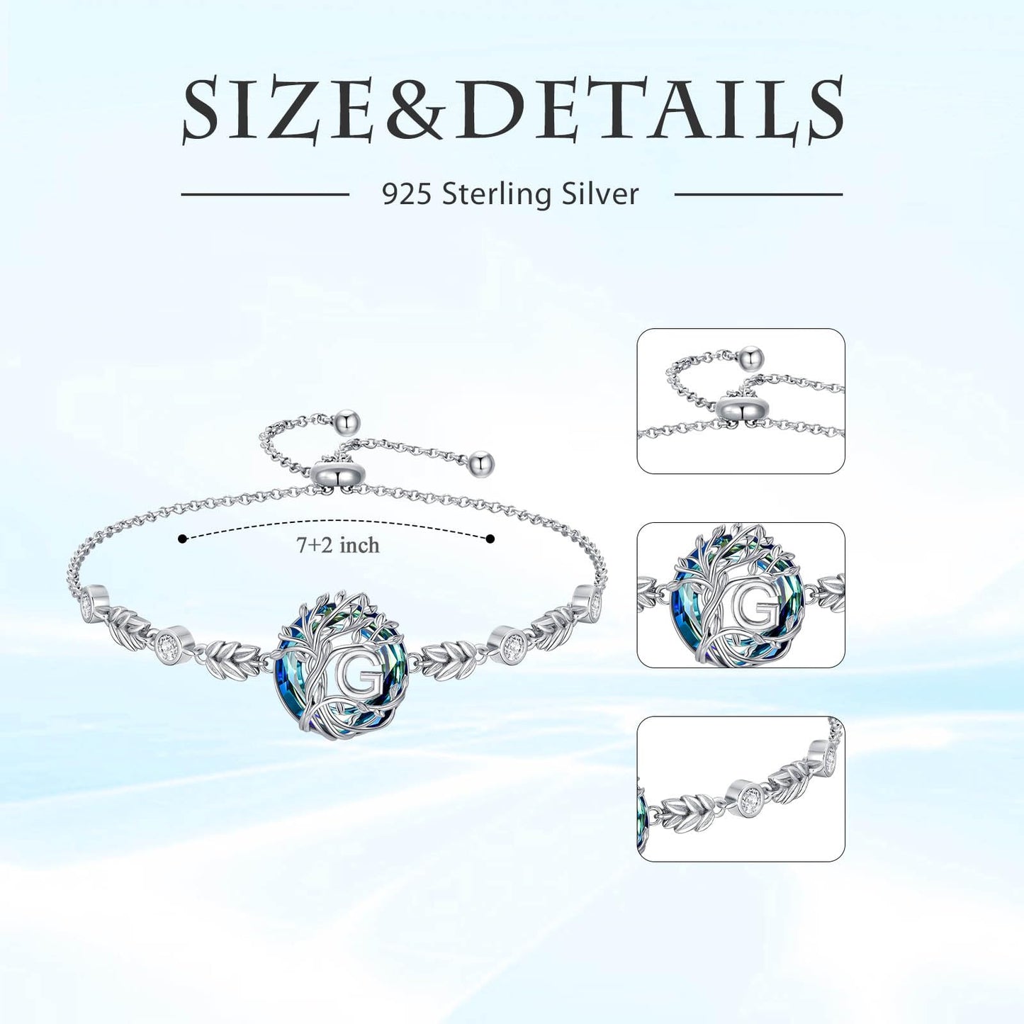 TOUPOP Tree of Life Initial Bracelet Sterling Silver Initials G Letter Link Bracelets Blue Circle Crystal Family Tree Birthday Mothers Day Jewelry Gifts for Women Mom Wife