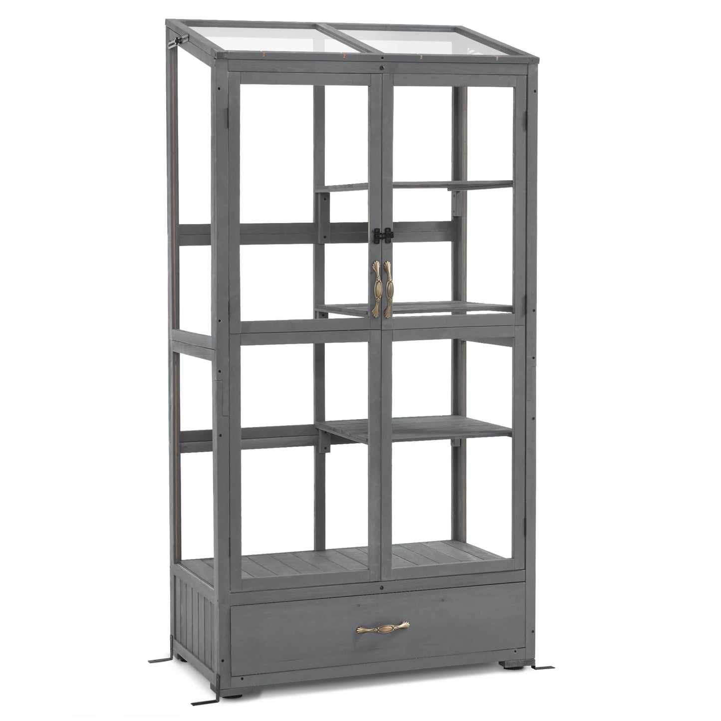 Macrout Cold Frame Greenhouse, Tall Wooden Greenhouse for Outdoor Indoor Use with Polycarbonate Panels, 3 Tier Garden Cold Frame with Drawer and Shelves, 0864 (Dark Grey)