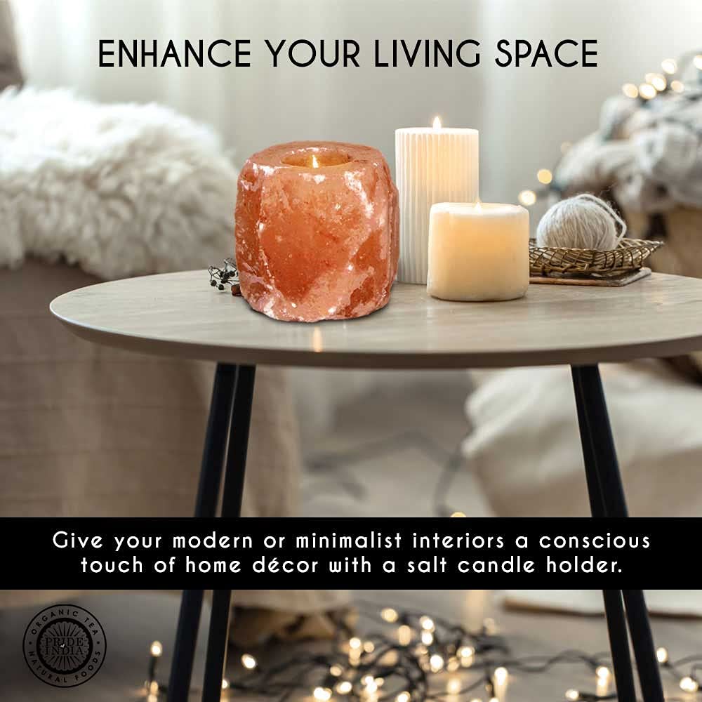 Pride of India Himalayan Pink Salt Rock Light Holder | Natural Crystal Candle Holder for Home Decor, Meditation & Relaxing Ambience | Handcrafted Votive Candle Holder for Living Room & Gifting