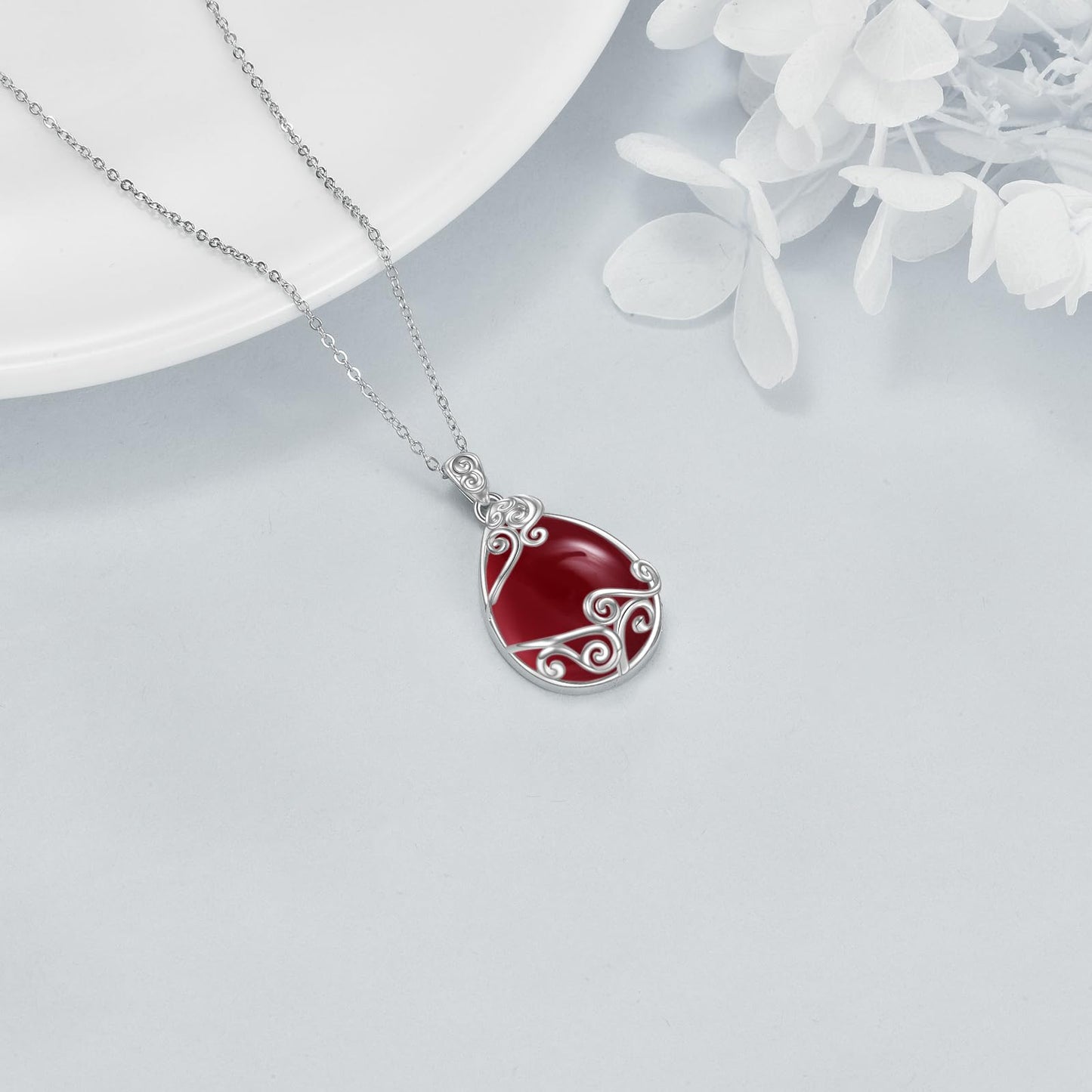 YAFEINI 925 Sterling Silver Red Agate Necklace Filigree Teardrop Pendant Necklace Jewelry for Women (BB-Red Agate Filigree Necklace)