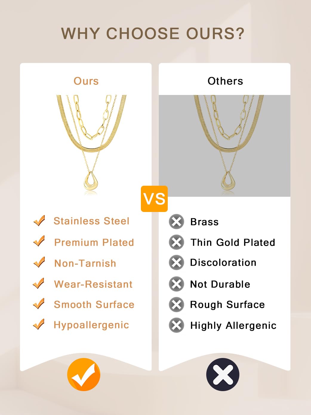LUXU kisskids Layered Necklaces for Women, 3 Pieces Layered Gold Necklaces Set, Herringbone Choker Oval Link Stackable Necklace Simple Chain Circle Pendant, Stainless Steel Trendy Jewelry Set Gifts for Her