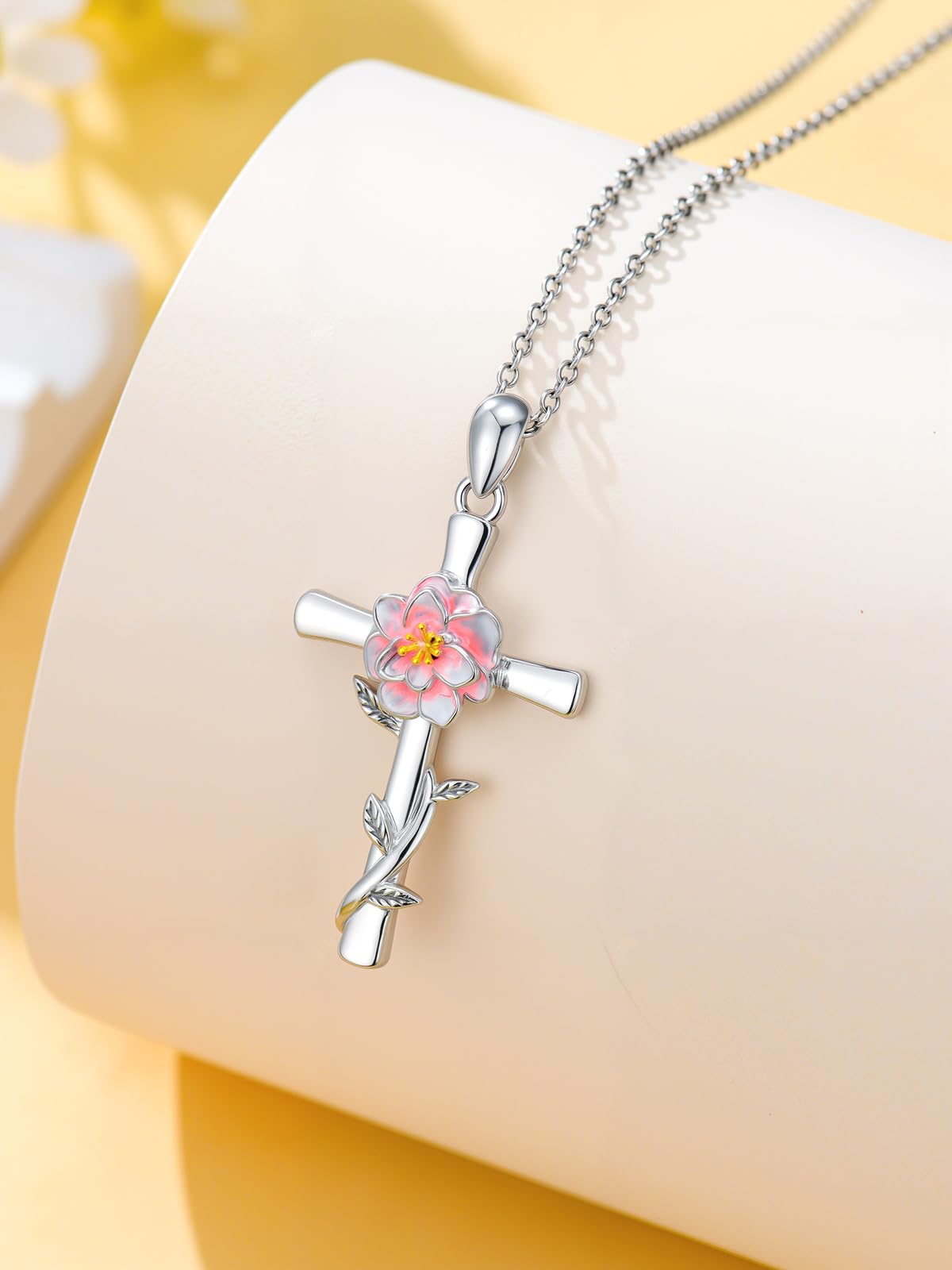 Cargari Peony Cross Necklace for Women 925 Sterling Silver Peony Flower Pendant Necklace Floral Jewelry Gift for Women