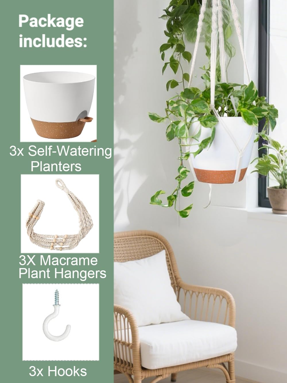 Bouqlife 3 Pack 10/8/7 Inch Hanging Planters for Indoor Plants with Self-Watering Hanging Pots with Drainage, 3 Different Size Macrame Plant Hangers with Hooks White Large