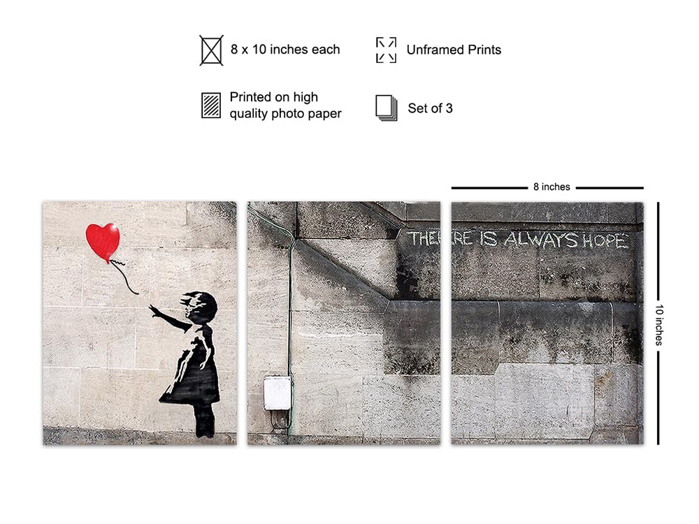 Banksy Girl With Balloon Poster Set - 8x10 Graffiti Street Art Home Decor - Urban Wall, Office or Apartment Decoration for Living Room, Bedroom, Dorm - Unique Gift for Women, Teens, Modern Art Fans