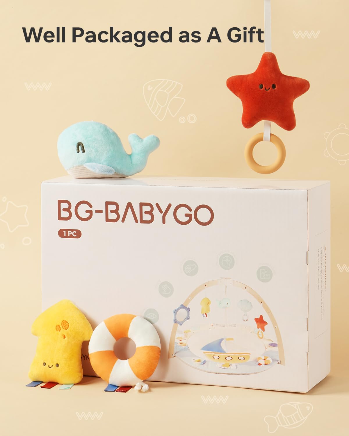 BG-BABYGO Baby Play Gym Activity Mat, 5 Developmental Zones Wooden Tummy Time Mat with 7 Detachable Sensory Toys for Motor Skills & Sensory Development, Baby Essentials Shower Gift, Easy to Install